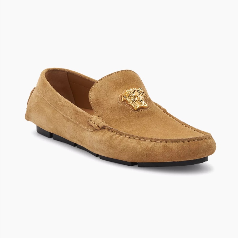 *NWT* VERSACE SUEDE DRIVER LOAFERS, RICH TAN SUEDE COLOR AND GOLD MEDUSA LOGO